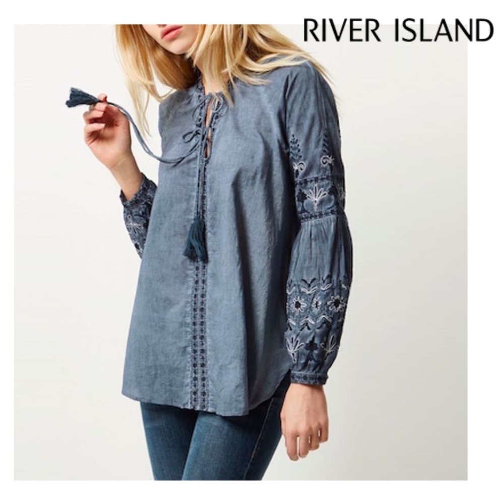 NEW River Island Denim Blue Embroidered Tassel Kaftan Peasant Top